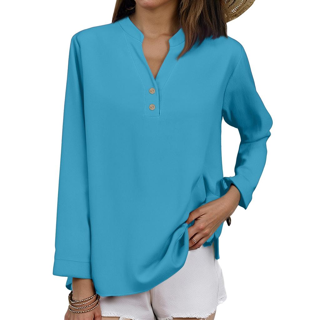 Long Sleeve Linen Tops For Women Loose Fit V Neck Button Down Shirts Cute Summer Beach Tee Shirts