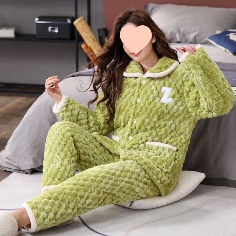 Pajamas women's winter warm winter fleece thickened coral fleece three layers of cotton autumn and winter women's loungewear