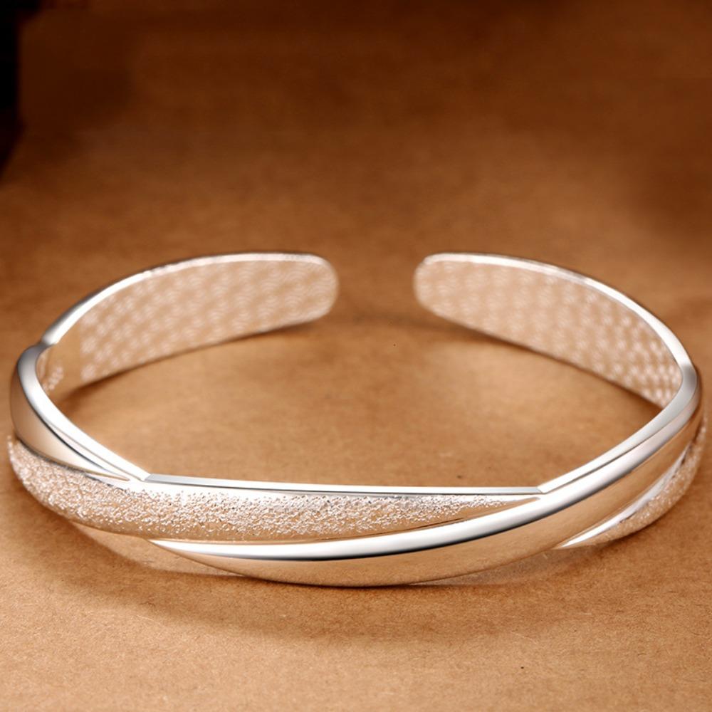 Matte Finish Open Bangle Silver Plated Love Bracelet for Women Interwoven Design Jewelry