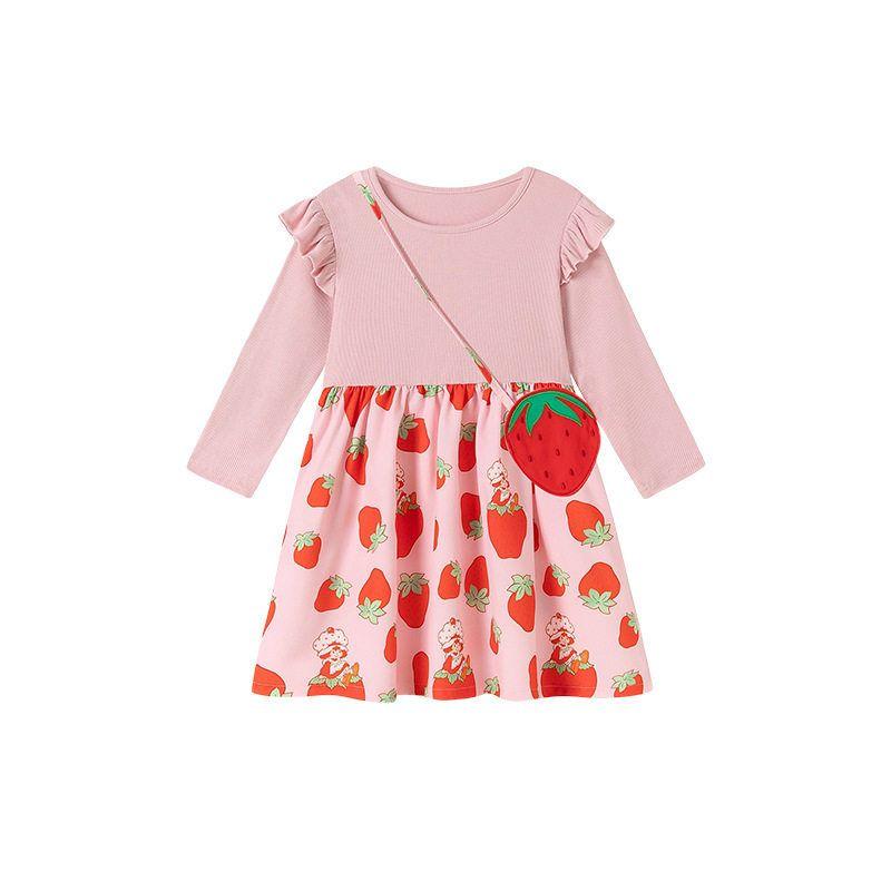 Girls' Long-Sleeved Round-Neck Dress, Spring and Autum Kidsren's Clothing, Cute Strawberry Kidsren's Princess Dress, Baby Casual Dress