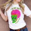 Retro Zombie Skull Print Crewneck Short Sleeve Cotton Graphic T-shirt with Bold Neon Colors and Punk Slogans
