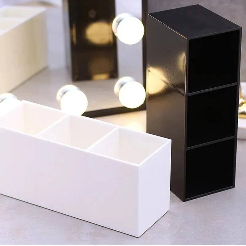 3 mřížky Organizér na štětce na make-up Plastový stolek Nádoba na kosmetické pero Držák na štětec na obočí Úložný box na rtěnku/laky na nehty