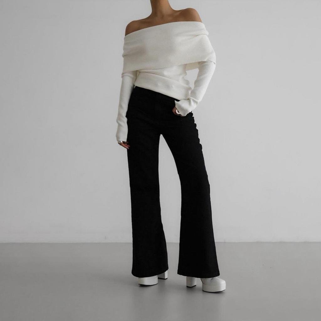 2025 Autumn Winter Women's Sweater Long Sleeve Knitted Crop Top Off Shoulder Sexy Slim Fit Basic Pullover