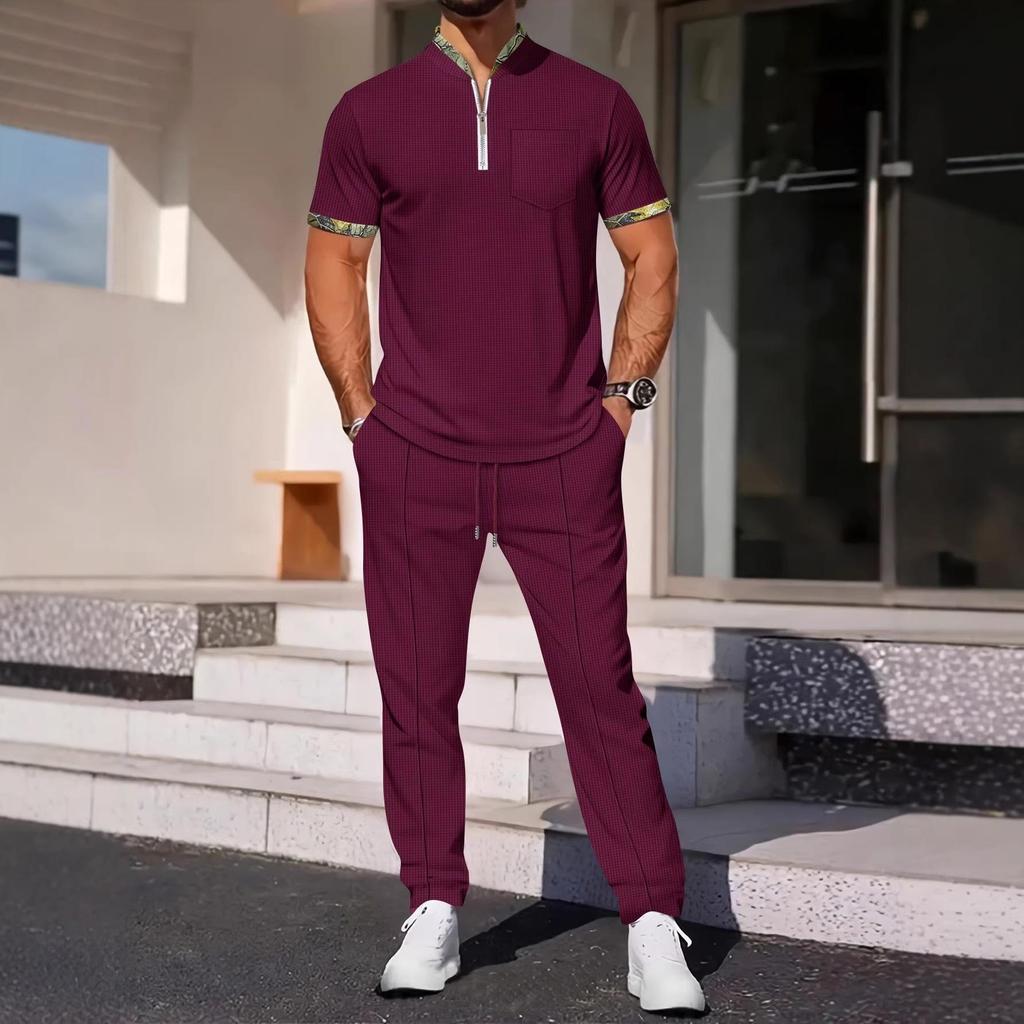 Men's Waffle Knit Stand Collar Zip Color Block Sports Set - Short Sleeves & Long Pants (2026)
