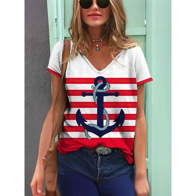 Stripe Graphic 3D T Shirt Women Summer V-Neck Short Sleeve Tops Holiday Casual Tees Woman Streetwear Oversized T-shirt