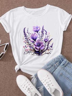 (Aziatische maat) Bloem Trend Leuke Stijl Jaren '90 Vrouwen Korte Mouw Mode Kleding Casual T-shirt Vrouwelijke Print Lady Tee Top Grafische T-shirts