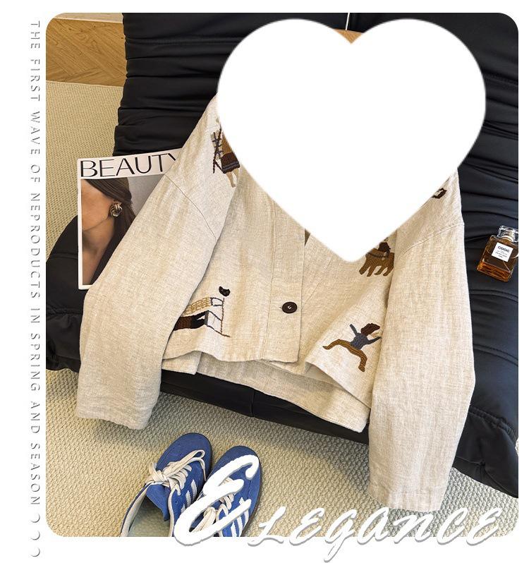 Chic Embroidered V-Neck Women's Jacket - 2025 Autumn Collection, Plus Size, Loose Fit, Short Style