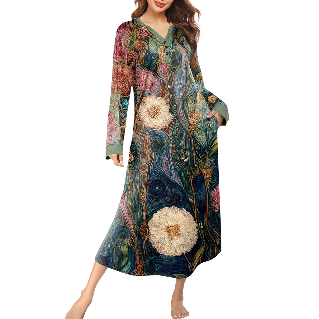 Damska koszula nocna długa odzież wypoczynkowa dekolt V sukienka nocna z kieszeniami