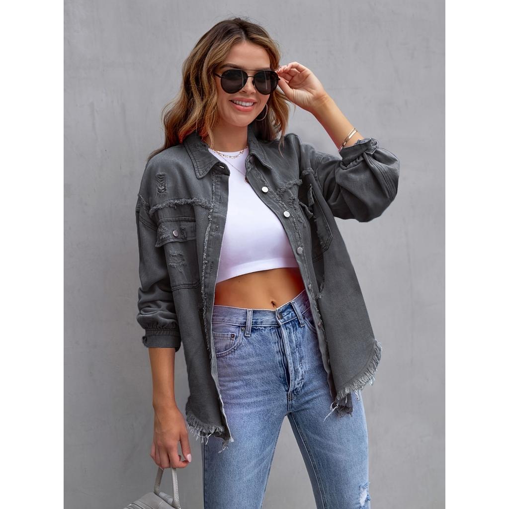 Women's Point Collar Long Sleeve Distressed Denim Jacket Loose Fit Raw Fringe Button Down Shirt