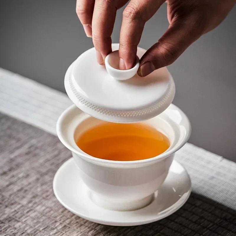1pc Sheep Fat Jade White Porcelain Gaiwan, Filtered Tea Bowl, Anti Scalding Design, Single Ceramic Tea Cup, Kung Fu Tea Set