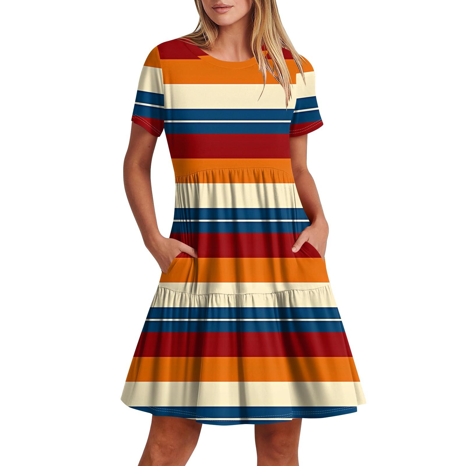 

Женское повседневное модное платье-миди с круглым вырезом и коротким рукавом с принтом и карманом XXL киноварь