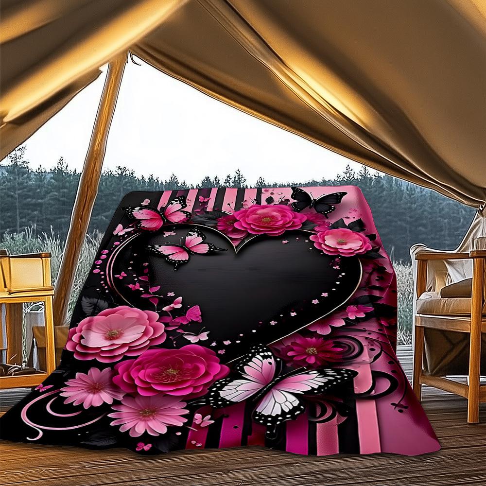 1pc Butterfly Heart Outdoor Blanket - Soft Flannel Cozy for Travel & Camping - All-Season Warm Bed Cover, Machine Washable Yy251229109