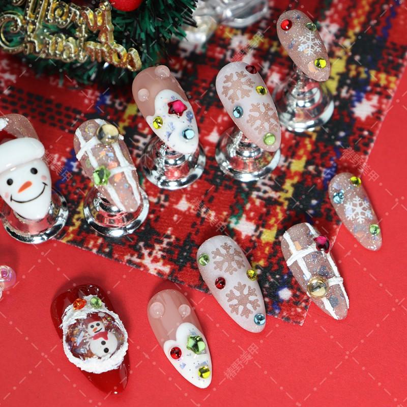 Handmade 3D Christmas Press-On Nails With Santa Snowman Star Acrylic Nail Tips Women Almond Shape