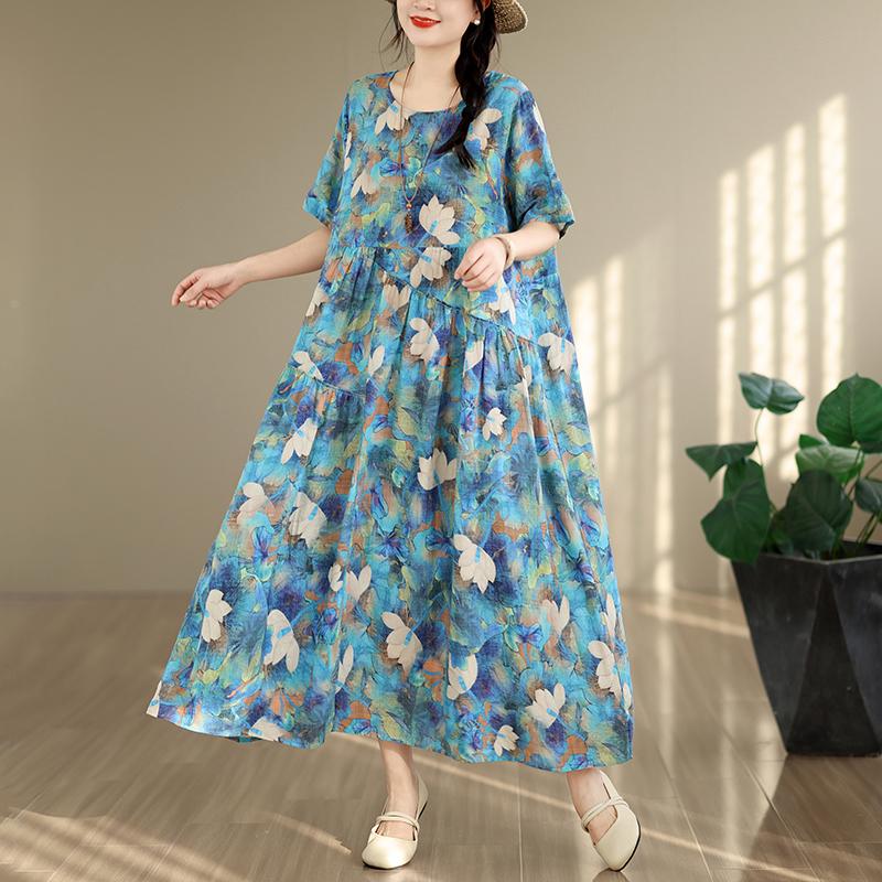 DIMANAF Women New 2026 Sundress Plus Size Summer Casual Print Long Dress Cotton Loose Oversize Maxi Floral Beach Holiday