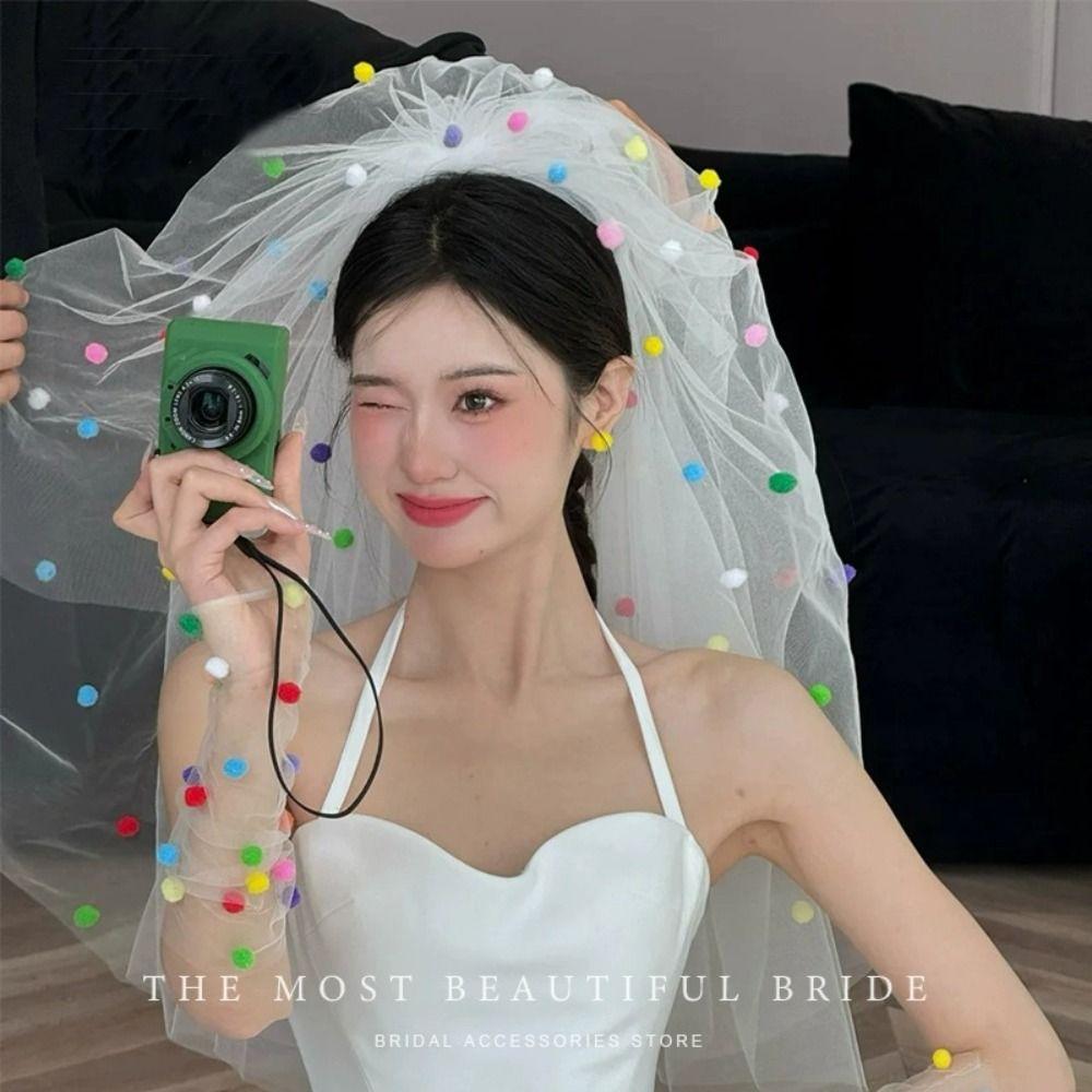 Photo Props Pompom Mesh Tulle with Clip Gloves New White Veil