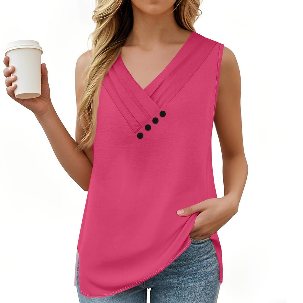 Women's Solid Color Vest Summer Button-down V-neck T-shirt Sleeveless Loose Fashion Top