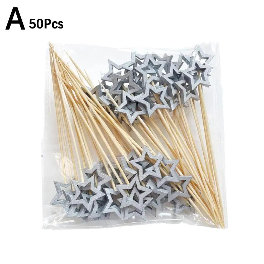 50Pcs Hollow Star Bamboo Skewers Disposable Insert Decor Fruit Buffet Toothpick Cocktail Stick Picks Party Christmas D2C7