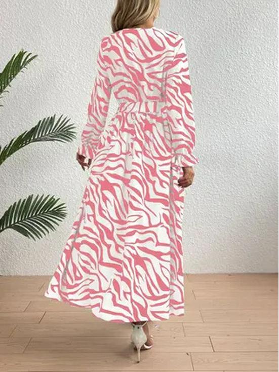 Zebra Print V-Neck Midi Dress - Elegant, Waist-Hugging, Long Sleeve, Autumn Fashion