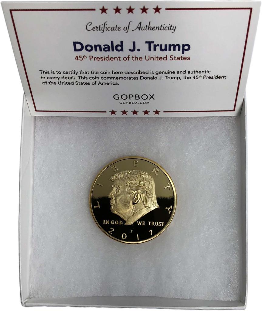 Zlatá mince Donalda Trumpa 2017, Pozlacená sběratelská mince, 45. prezident, Certifikát pravosti Oficiální GOPBOX