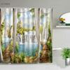Waterproof Shower Curtain Set Flowers Arch Bridge Landscape Home Decor Bathroom Curtain Polyester Fabric Background Wall Decor