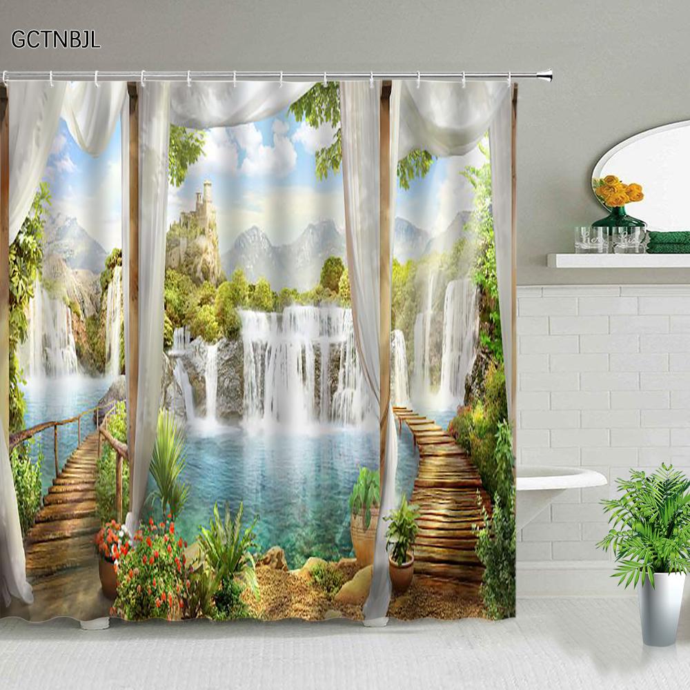 Waterproof Shower Curtain Set Flowers Arch Bridge Landscape Home Decor Bathroom Curtain Polyester Fabric Background Wall Decor