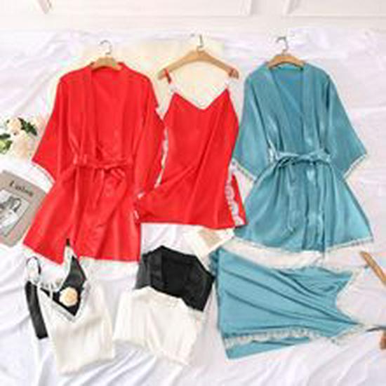 European & American Women's Sexy Lace Pajamas, Plus Size, 4-Piece Set - Homewear & Lingerie