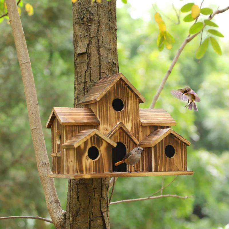 Wood Bird Houses Feeder 6 Holes Wooden Birdhouse Hanging Sleeping Nest for Indoor Outdoor Birds Garden Decoration