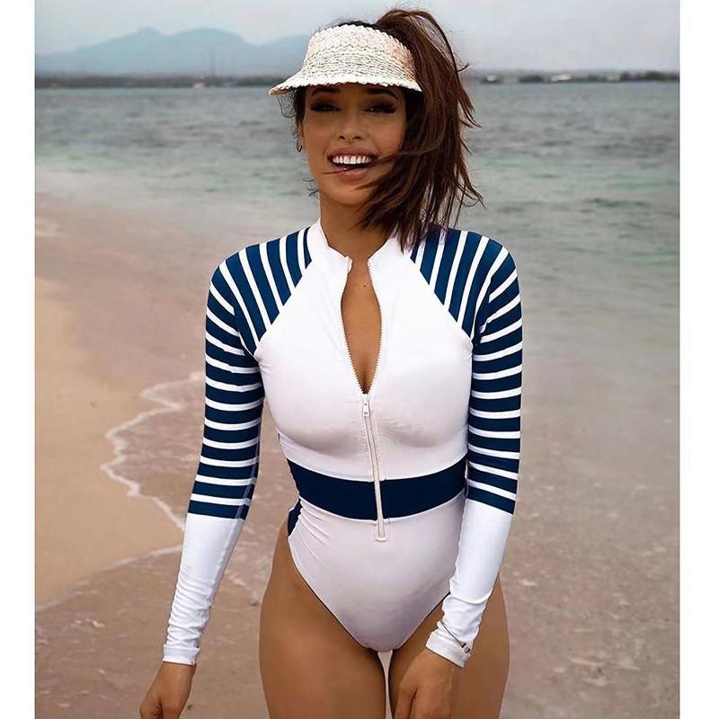 Womens Long Sleeve Rash Guard Swimsuit With Striped High Elasticity UV Protection Surfing Diving Wetsuit
