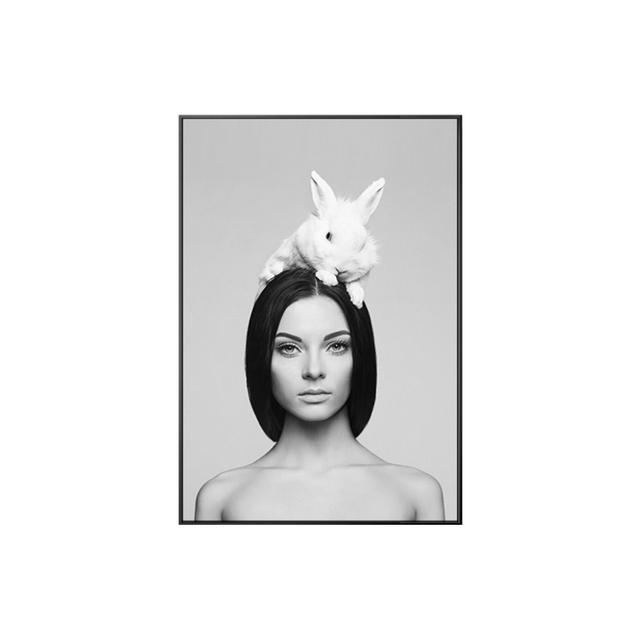 Black And White Short Hair Girl Painting Rabbit Hat Sexy Lady Poster For Living Room Nordic Wall Art Decoration Picture Salon