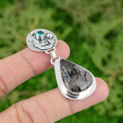 925 Silver Natural Black Rutilated Quartz Swiss Blue Topaz Wife Mermaid Pendant