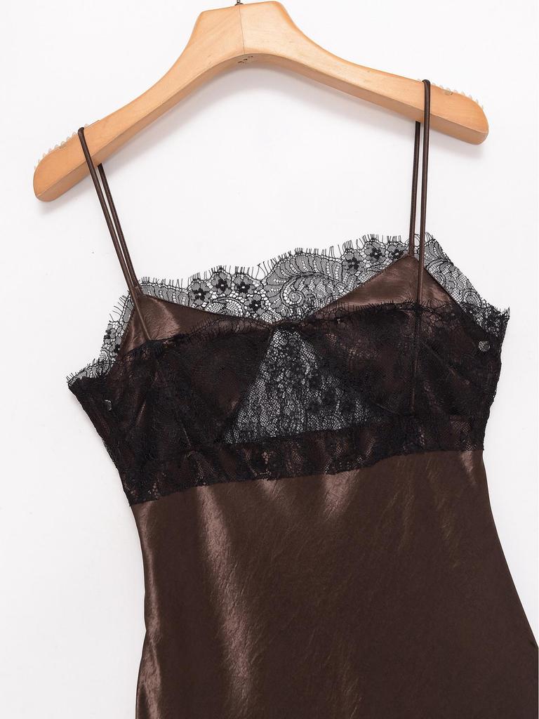 2026 Spring Women's European & American Satin Lace Asymmetrical Camisole Dress