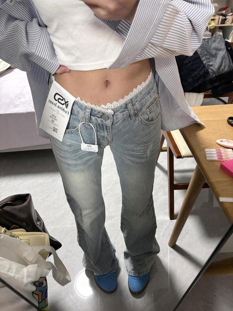 Damen Schlagjeans in Übergröße mit Spitzenbesatz – Sommerstil, Weiter Bein, Zerrissen, Bodenlang.