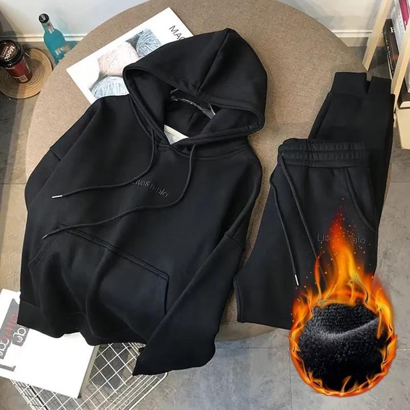 

Зимние джоггеры комплект из 2 предметов теплая толстовка с капюшоном спортивный костюм с высокой талией шаровары костюмы плюшевая подкладка толстые мешковатые брюки 2XL чёрный