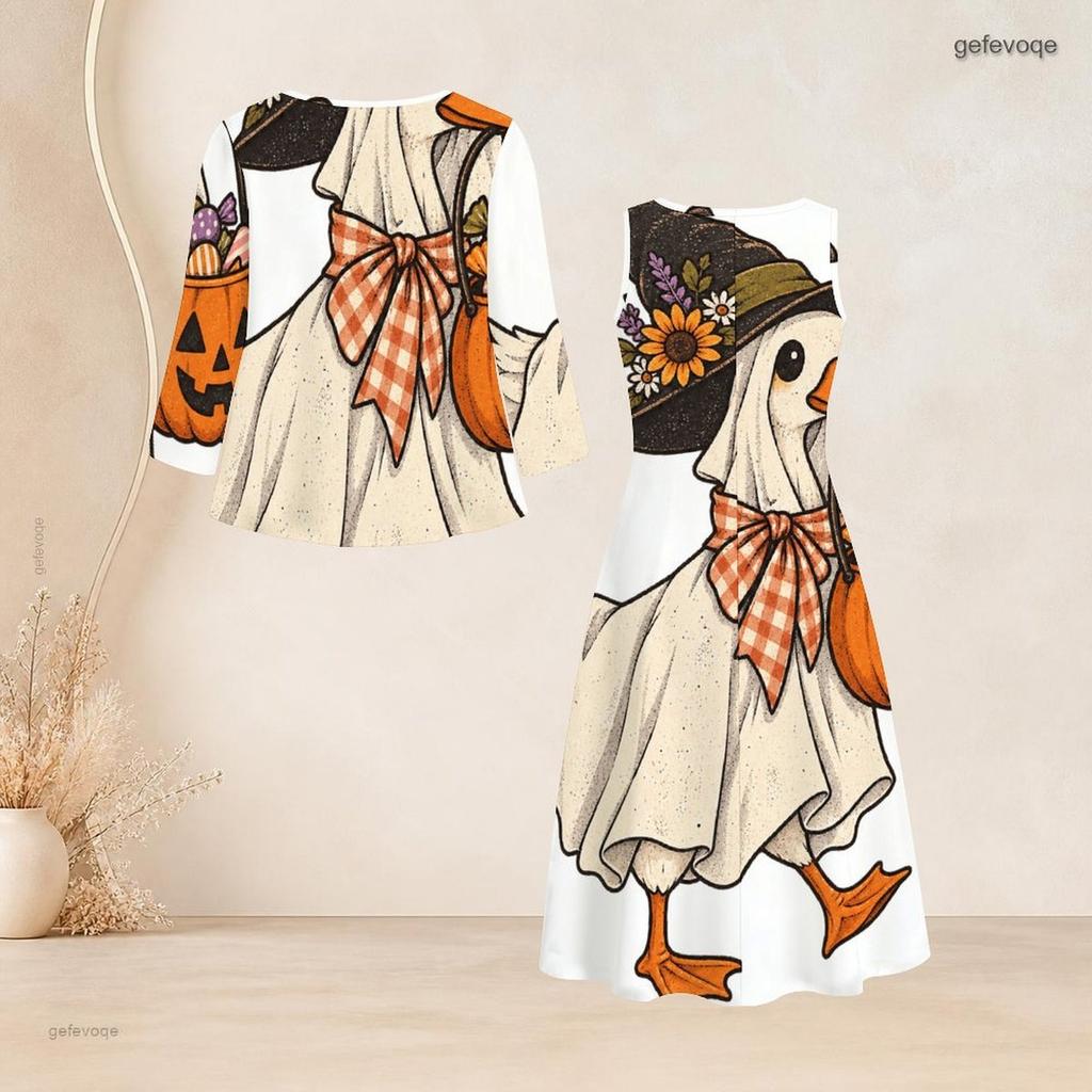 Women Plus Size Two Piece Set Halloween Printed Three Quarter Sleeve Cardigan Sleeveless Long Dress