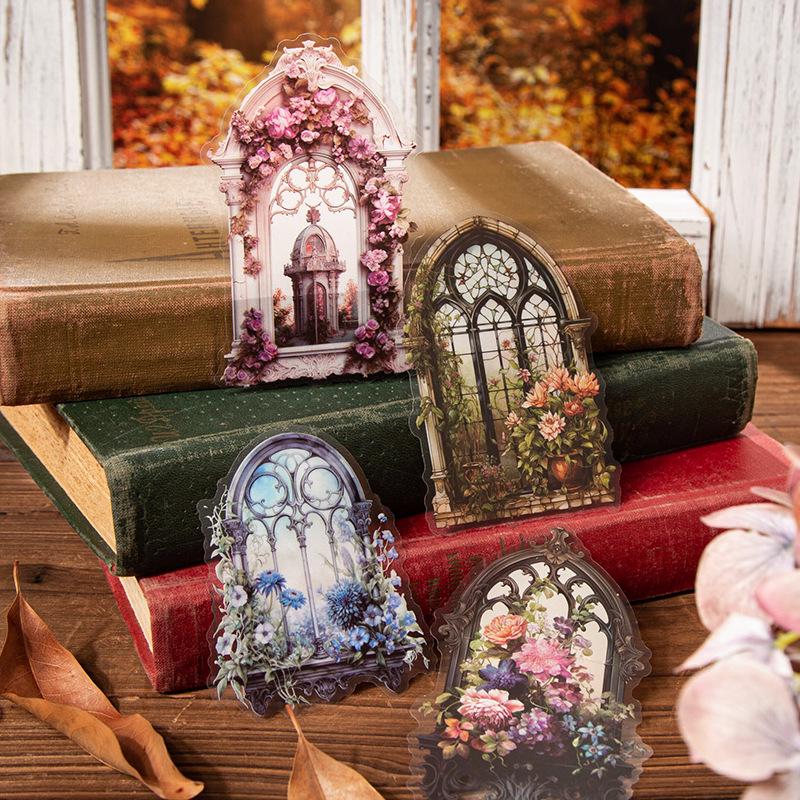 Retro European Style Floral Window PET Sticker - DIY Decorative Material, 6 Designs