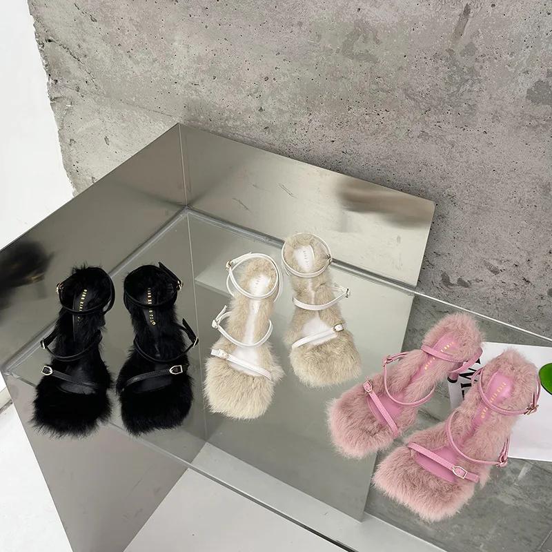 Fashion 2024 New Brand Plush Fur Fuzzy Sandals Women Thin Heels Fashion Square Toe Ankle Lace Up Buckle Strap Slides Shoes