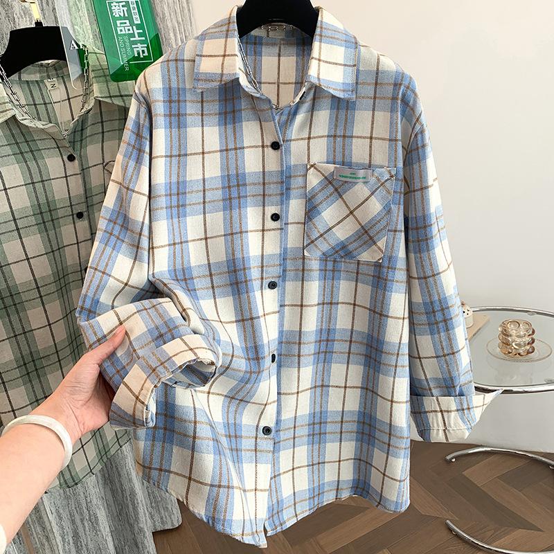 Spring Literary Loose Brushed Plaid Lapel Long Sleeved Shirt Women's Shirt Top
