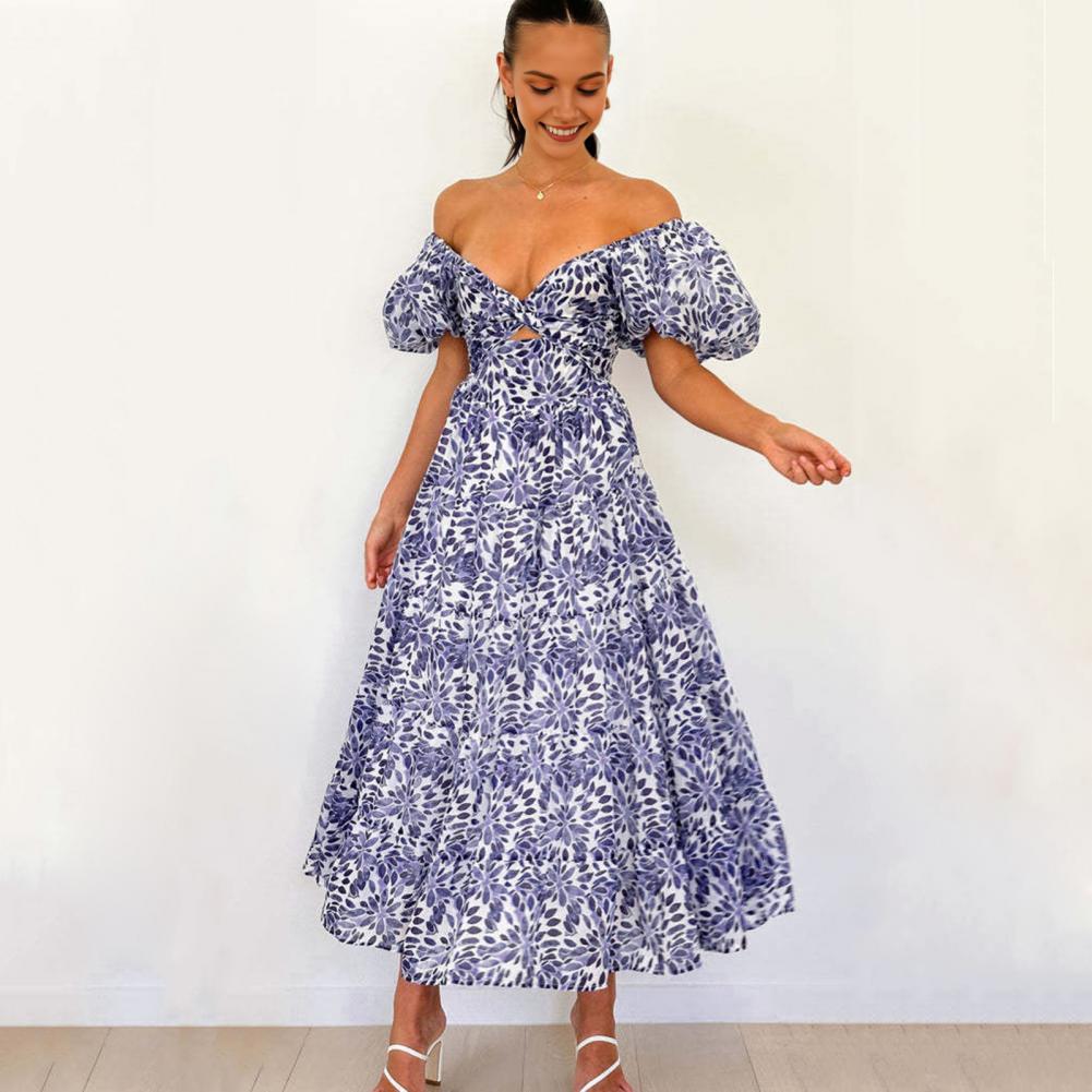 Women Evening Dress Bubble Sleeves Low-cut Off Shoulder Colorful Print A-line Big Hem Patchwork Hollow Out Pleated Vacation Beac