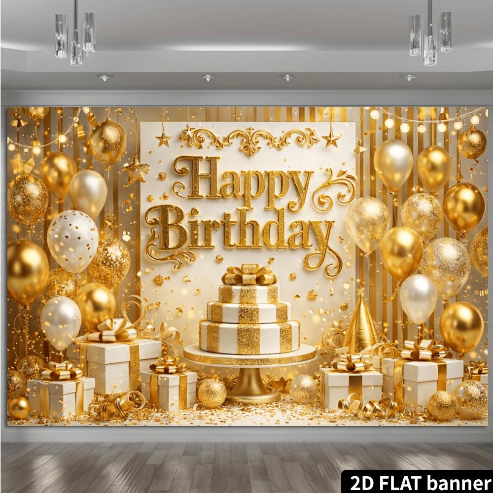 2D Flat European Carved Gold Birthday Background Cloth Gold White Balloons Paired with Three-layer Gold White Birthday Cake