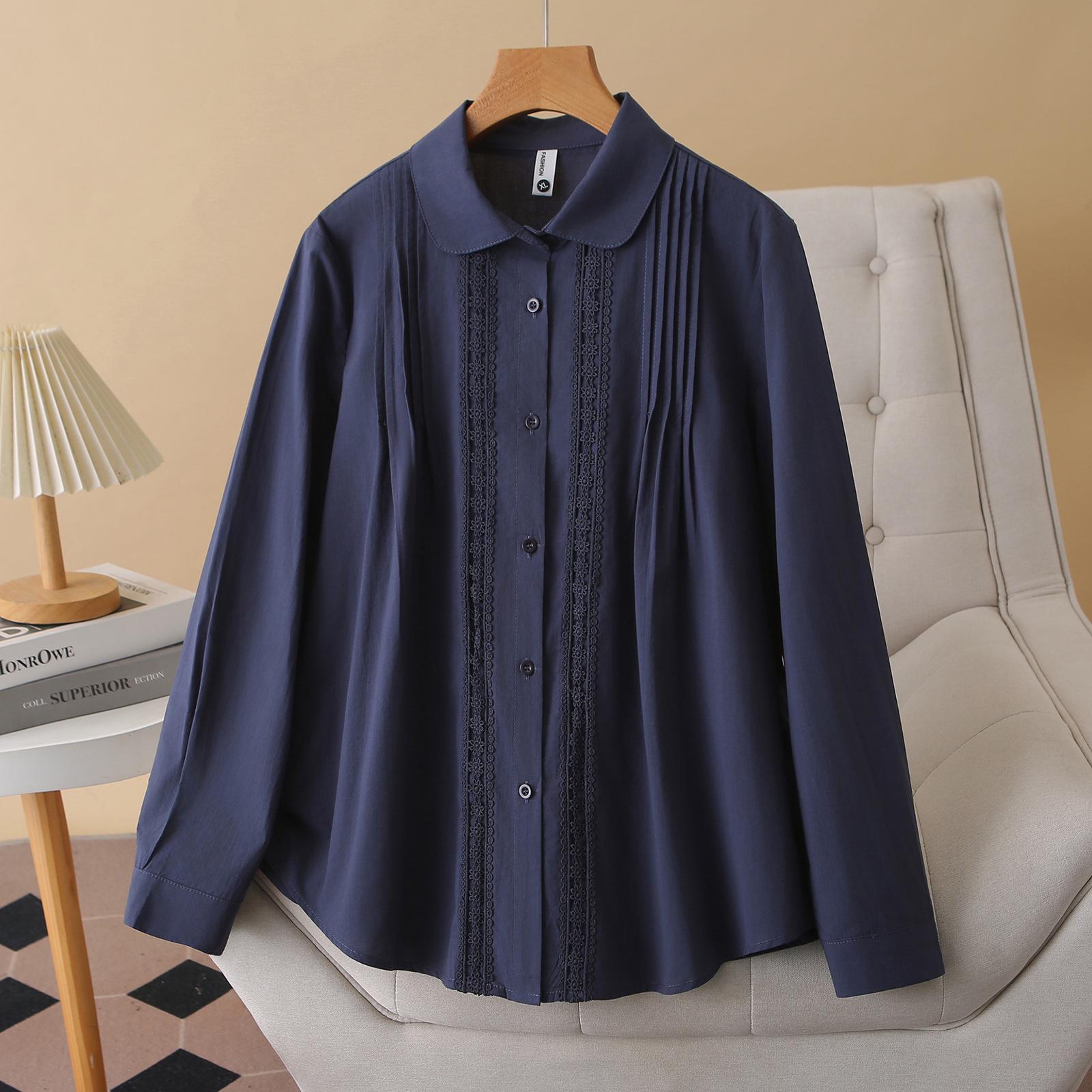 

2026 Spring Plus Size Women s Long Sleeve Pleated Lace Cardigan Cotton Top 4XL темно-синього кольору
