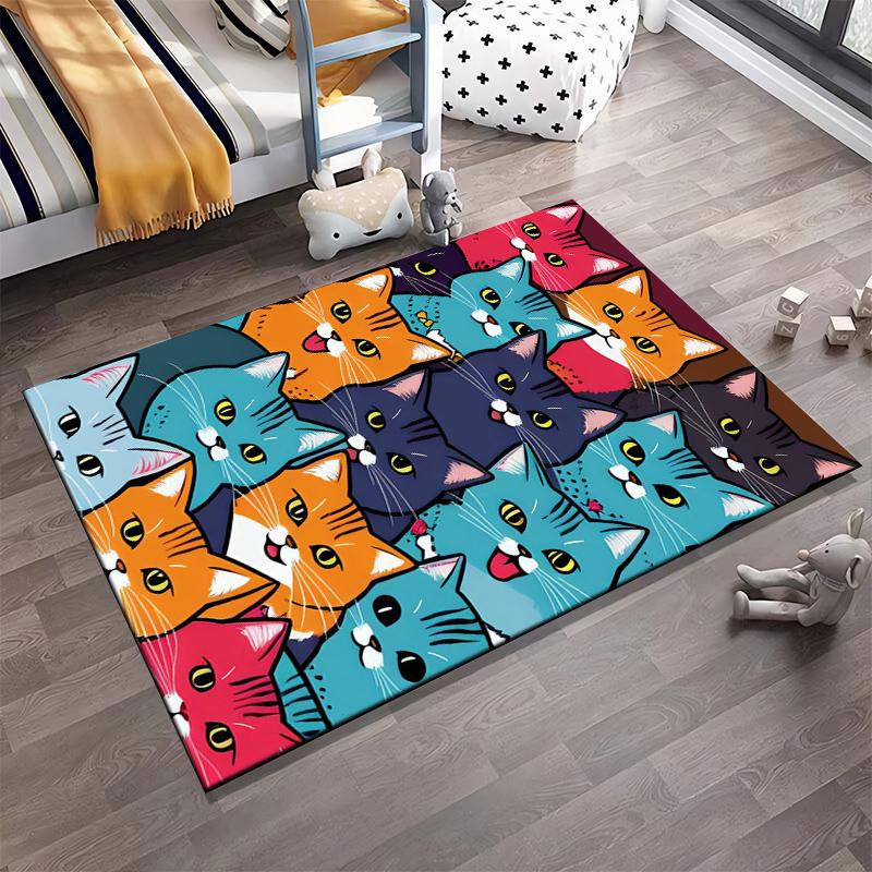Colorful Cat Faces Pattern Carpet1Cute Illustrated Feline Design1Vibrant Artwork Suitable for use as an anti-slip1 for1room and bedroom sofas