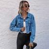 Women Lapel Cropped Denim Jacket Loose Frayed Hem Long Sleeve Urban Commuter Jean Coat Spring Fall Outerwear