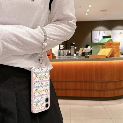Cute Bling Diamond Colorful Pearl Flower Wrist Strap iPhone Case for iPhone 16 15 14 Pro 13 12 11 Max Plus Protective Cover