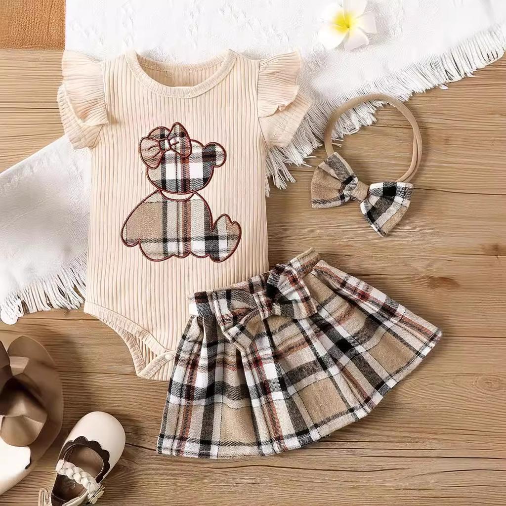 Bambina Neonato Stile Estivo Borsa con Toppa a Orso Ricamata Culatta Triangolare Gilet a Quadretti Farfalla