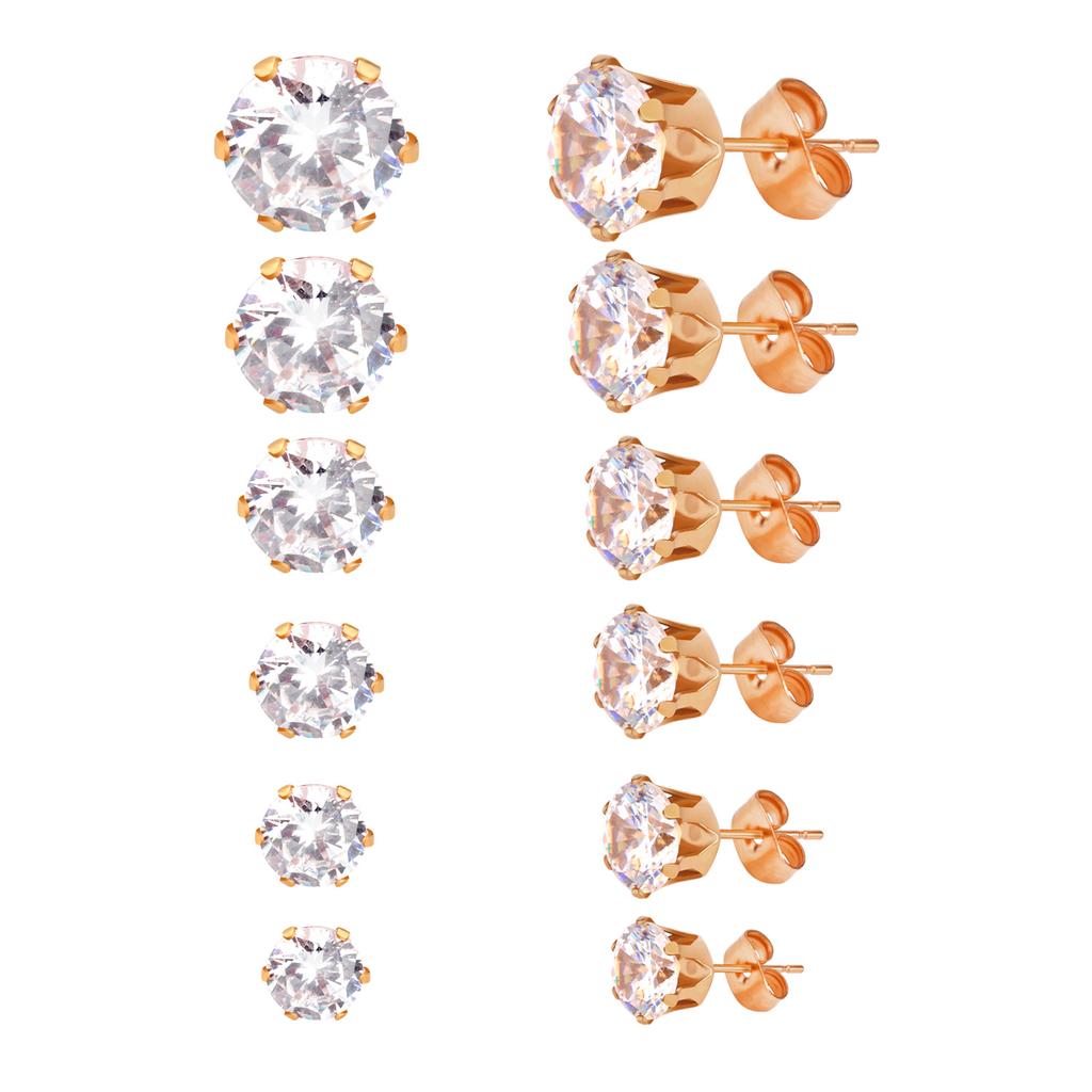 6Pairs/Set CZ Stud Earrings Stainless Steel Round White Cubic Zirconia Hypoallergenic 6 Claws Earring Trendy Jewelry