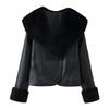 2025 Autumn Women's Fur Collar Patchwork Leather Jacket with Long Sleeves