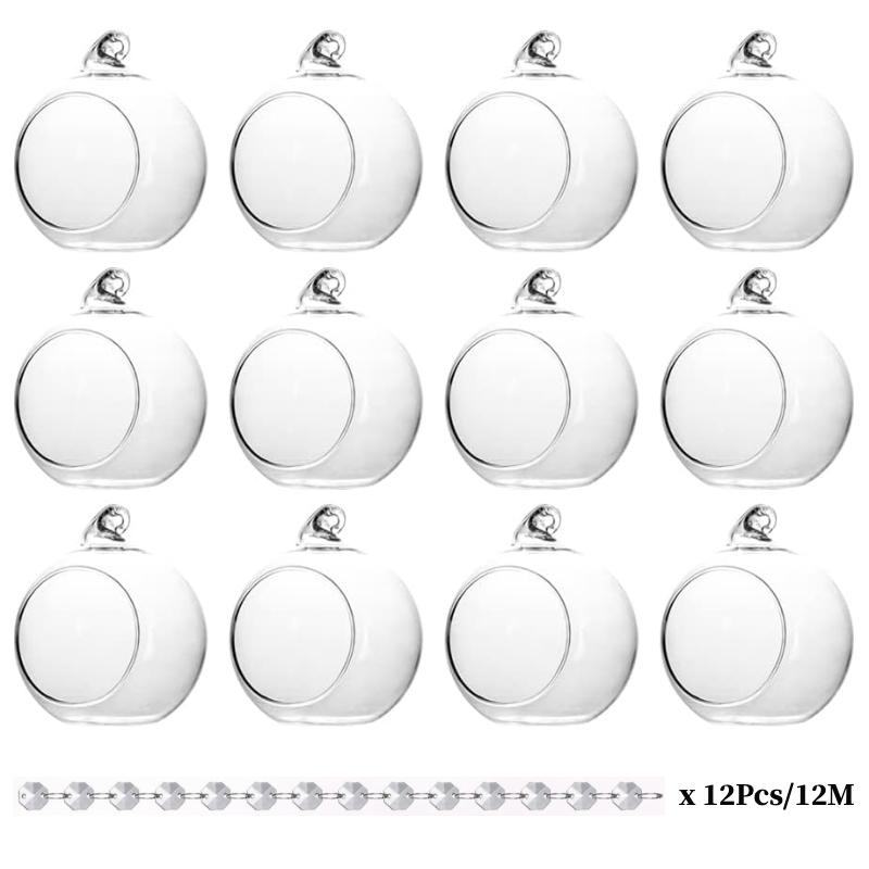 6/12Pcs Transparent Glass Candle Holder Flower Hanging Ball Vase Terrarium Tea Light Candlestick For Home Wedding Party Decor