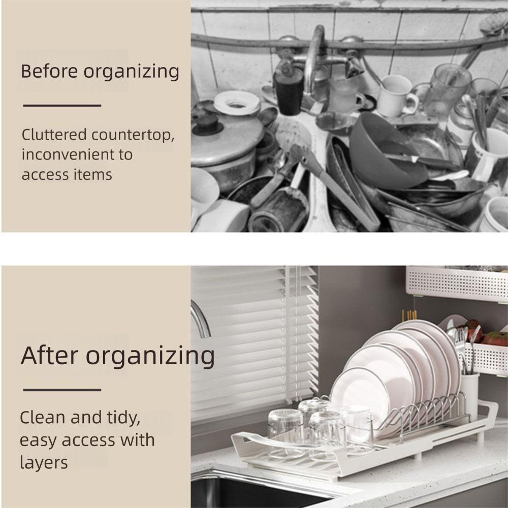 Extendable Dish Drying Rack Space Saving Large Capacity Draining Tray Hollow Design Dinnerware Organizer Utensil Storage Holder