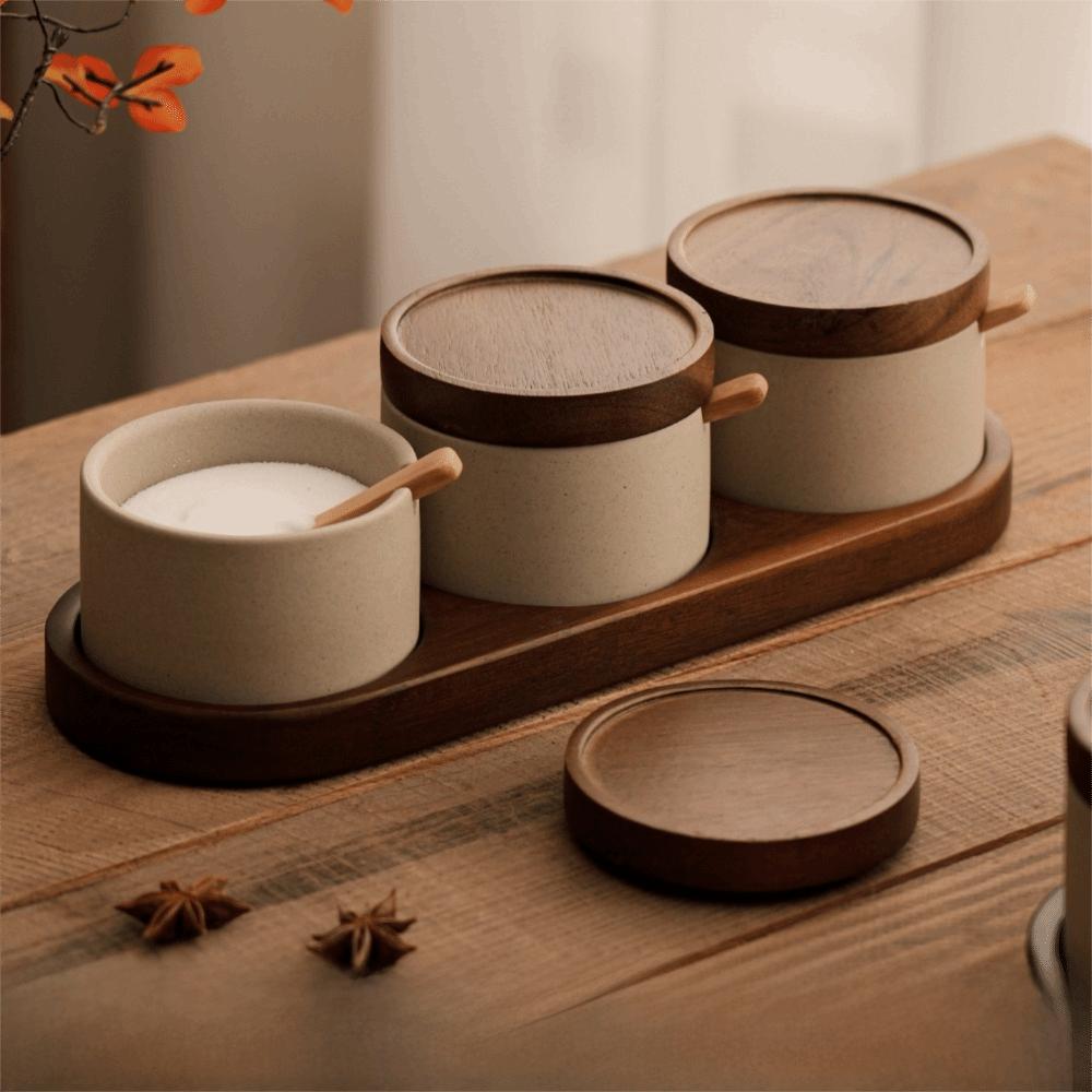 Pot à assaisonnement en céramique style japonais avec couvercle, plateau à cuillère, boîte à assaisonnement, récipient à épices pour restaurant