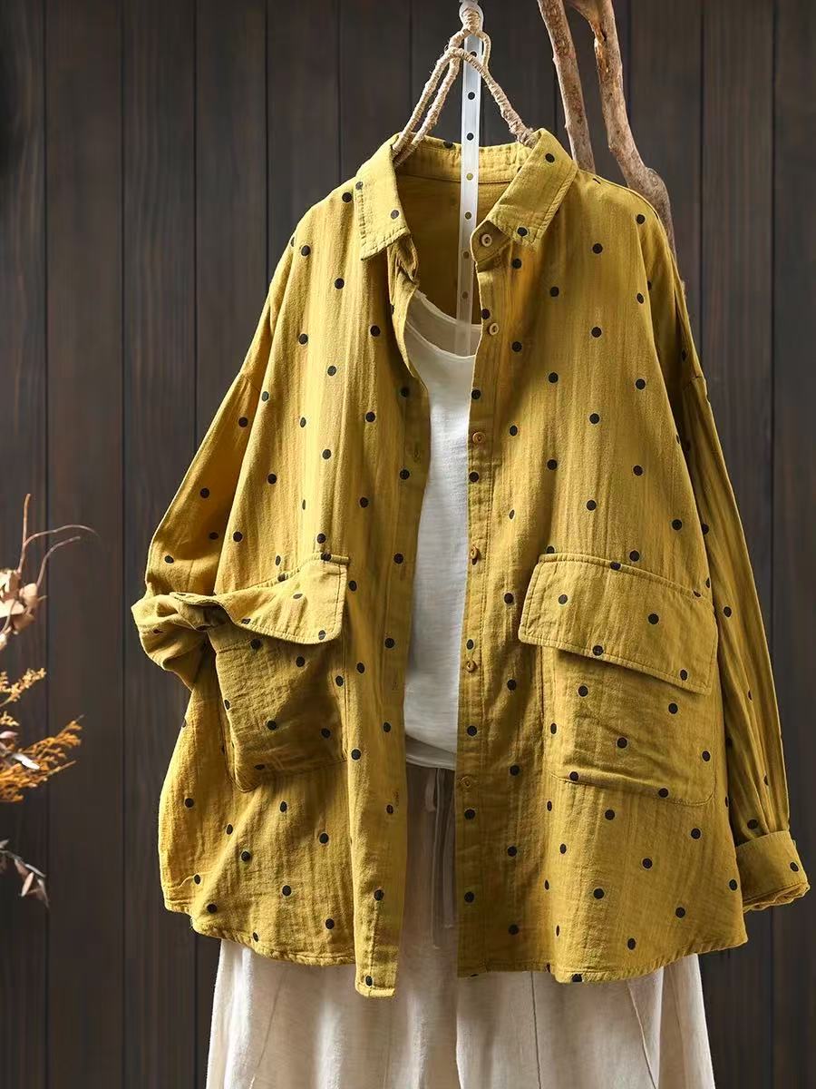 

Johnature Женские рубашки в горошек Топы Блузки с отложным воротником Весенние пуговицы Длинные рукава Карманы Женские рубашки One Size жёлтый